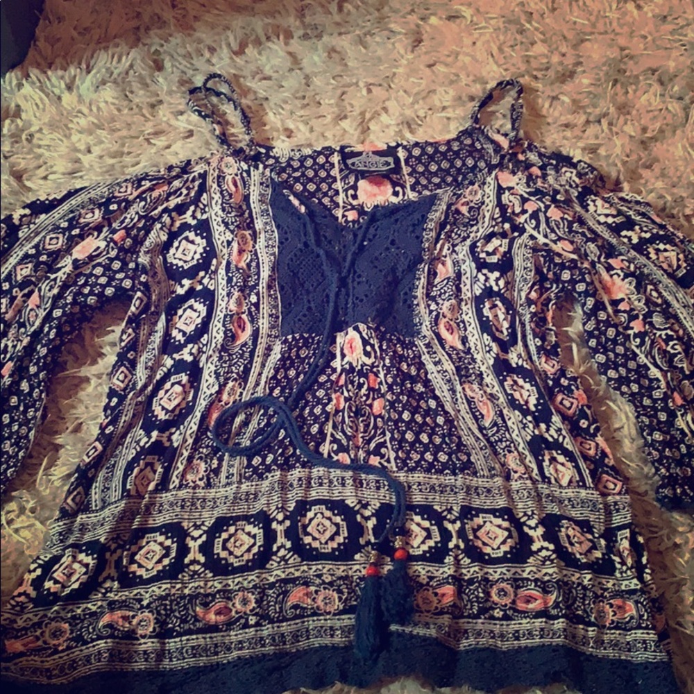 Blue white and pink cold shoulder blouse